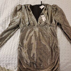 New Bcbgmaxazria Gold Metallic Ruched bodycon mini dress Large